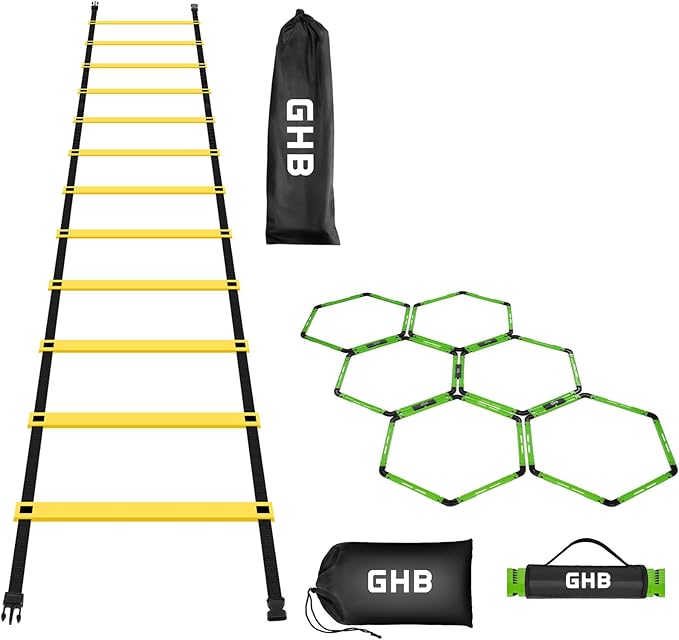 GHB Agility Ladder 1 Pack and Hex Agility Rings 1 Pack 12 Rung 20ft with 3 Carrying Bag