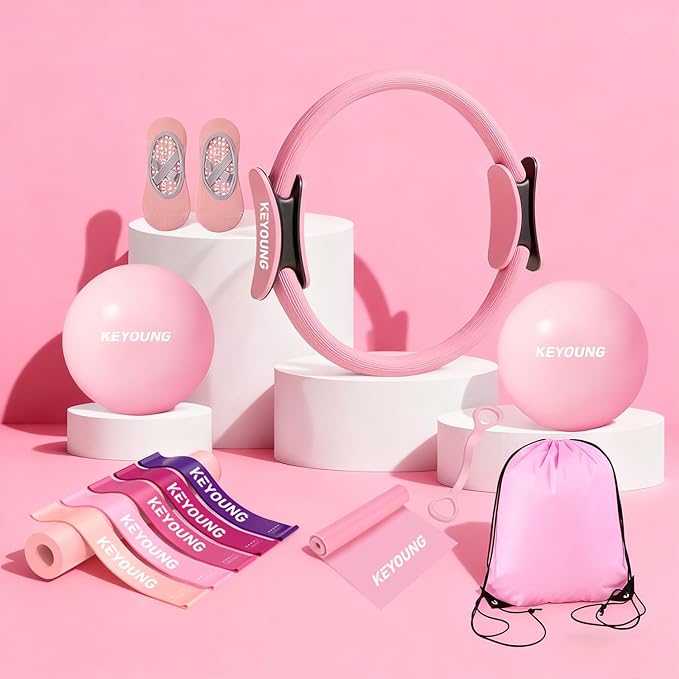 12 Pcs Pilates Equipment kit for Home Workouts, Women's Pilates Essentials Set, Pilates Ring and 2 Ball Accessories Ket, with 5 Resistance Loop, Grip Socks, Resistance Bands, Sculpt Band & Storage Bag