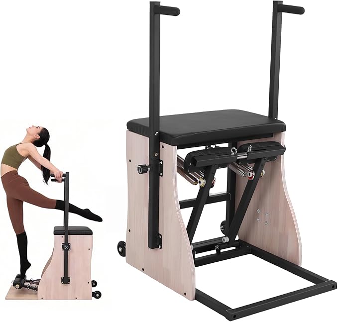 Oak Wood Pilates Chair Split-Pedal Stability Combo Chair with Resistance Bands Handles and Split Pedals for Compact Home Gym Equipment Full-Body Workout