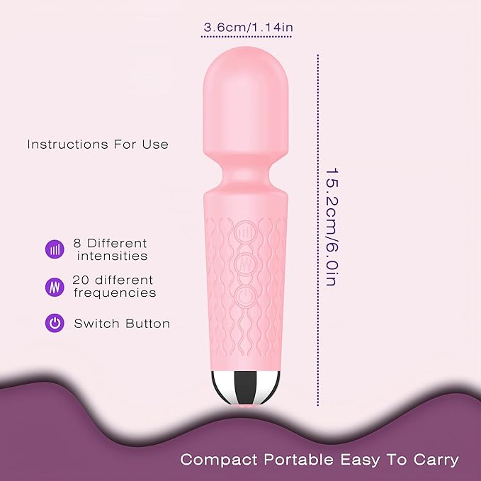 jtffe Handheld Cordless Massager - 20 Speeds & 8 Modes, Quiet Waterproof Vibrating Wand for Neck Back Pain Relief & Muscle Recovery (Pink)