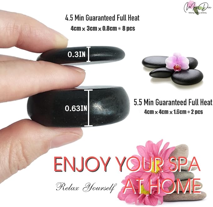 Maxdee Hot Stones Massage Set: 10 Small Hot Massage Stones for Professional or Home Spa Use, Ideal for Relaxation, Pain Relief, and Healing, 1.6"