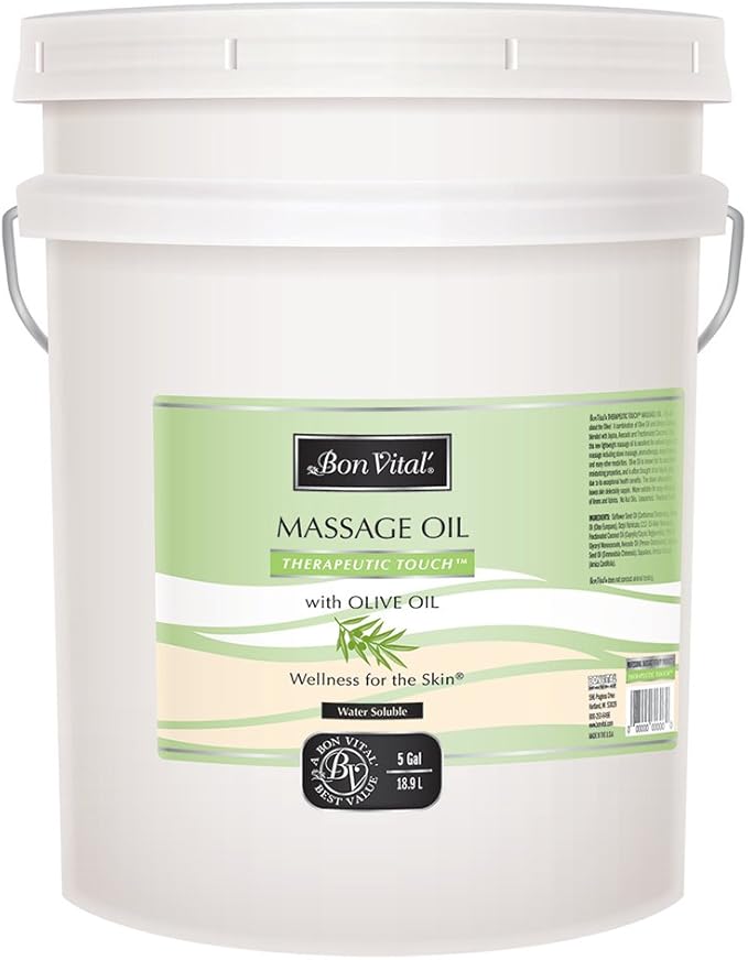 Bon Vital' Therapeutic Touch Massage Oil, 5-Gallon Pail, Unscented Massage Oil for Massage Therapy With Olive Oil, Lightweight Non-Greasy Formula, Professional-Grade for Dry Skin and Sore Muscles
