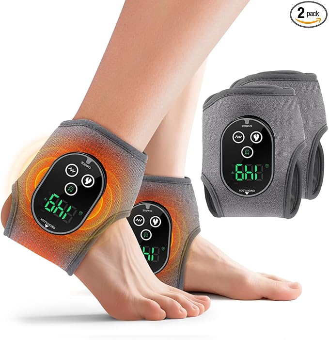 2PCS Cordless Ankle Heating Pad with Massager, Foot and Ankle Massager with Heat, Rechargeable Heated Foot Brace Wrap, 3 Vibration and 4 Heating Modes