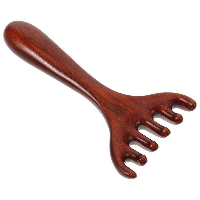 Wooden Foot Massage Rake with Handle - 5.7in Manual Deer Antler Massager Tool 6 Claw Sandalwood Wide Tooth Comb for Scalp Feet Family Travel Acupressure Blood Circulation Fatigue Relief