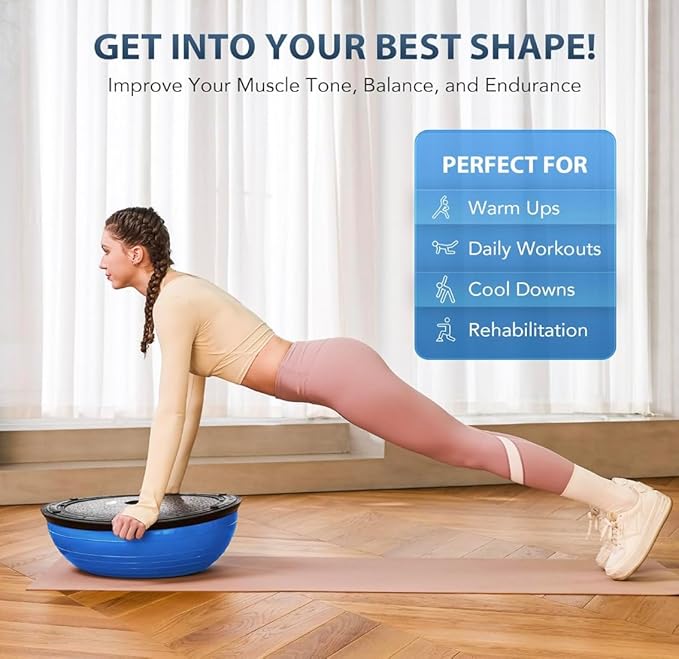 Balance Ball Trainer with Resistance Bands and Foot Pump, Inflatable Yoga Ball for Home Gym Workouts, 23 Inch Exercise Half Ball for Balance Training Core Strength Fitness More, 330lb Cap