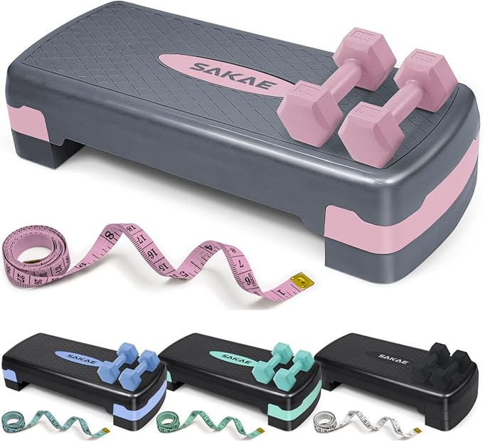 SAKAE Step Aerobics Platform Set with Dumbbells & Measuring Tape, Aerobic Steppers for Exercise at Home, Adjustable Height 2 Level Risers Workout Step Trainer with Non-Slip Surface, Multiple Colors
