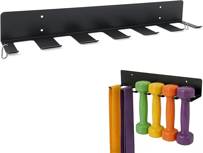 Sintuff Wall Mounted Dumbbell Rack, Heavy Duty Metal Home Gym Storage Organizer, 6 Dumbbell Slots and 2 Side Hooks, Holds Exercise Bands, Jump Ropes, Lifting Belts & Workout Accessories, Black
