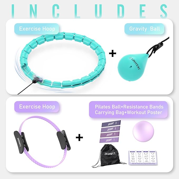 Weighted Hula Infinity Hoop & Pilates Ring Kit Bundle- Infinity Fitness Hoop for Weight Loss Plus Magic Circle, Resistance Bands, and Ball Set- Home Workout Equipment for Abdomen & Full Body Toning