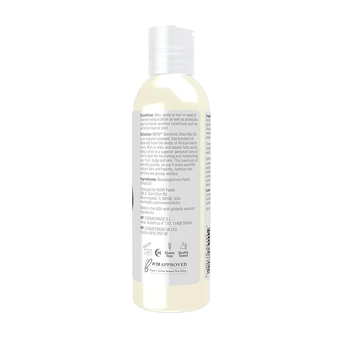 NOW Foods Solutions, Shea Nut Oil, Multi-Purpose Intense Moisturizing Oil for Skin, Scalp and Hair, 4-Ounce