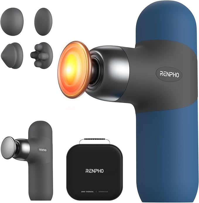 RENPHO Mini Thermal Massage Gun with Heat, Portable Deep Tissue Percussion Massager with 4 Heads for Neck & Back Comfort, Ultra-Quiet Operation for Home, Office & Travel, Includes Compact Carry Case