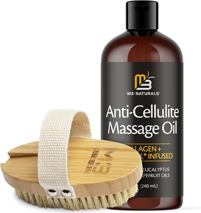 Anti Cellulite Massage Oil and Firm Dry Brush Kit | Collagen & Stem Cell Skin Tightening Kit | Radiant Body Care Kit for Women by M3