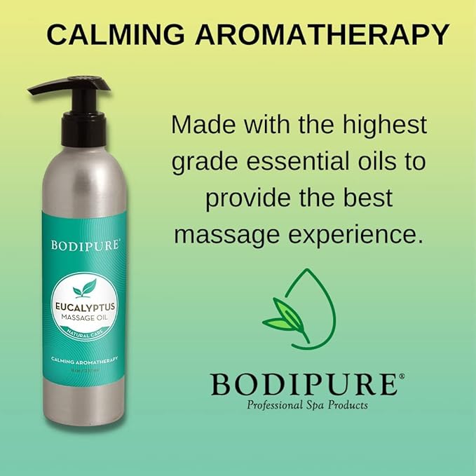 BODIPURE Eucalyptus Aromatherapy Massage Oil for Body - Great for Professional Massage Therapy - Natural Therapy for All Skin Types - Massaging, Relaxing Muscles and Joints - Women and Men - 8 Ounces