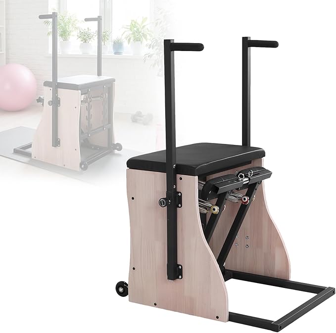 Generic Oak Wood Pilates Chair Reformer Machine Split Pedal Fitness Reformer with Resistance Bands and Springs Split Pedal Handles for Workout Equipment Home Gym or Studio