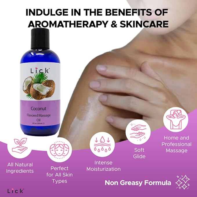 Lick Coconut Flavored Massage Oil – Tropical Edible Massage Oil with Sweet Almond Oil & Vitamin E, Hydrating Body-Safe Formula for Relaxing Couples Massage, 8 oz