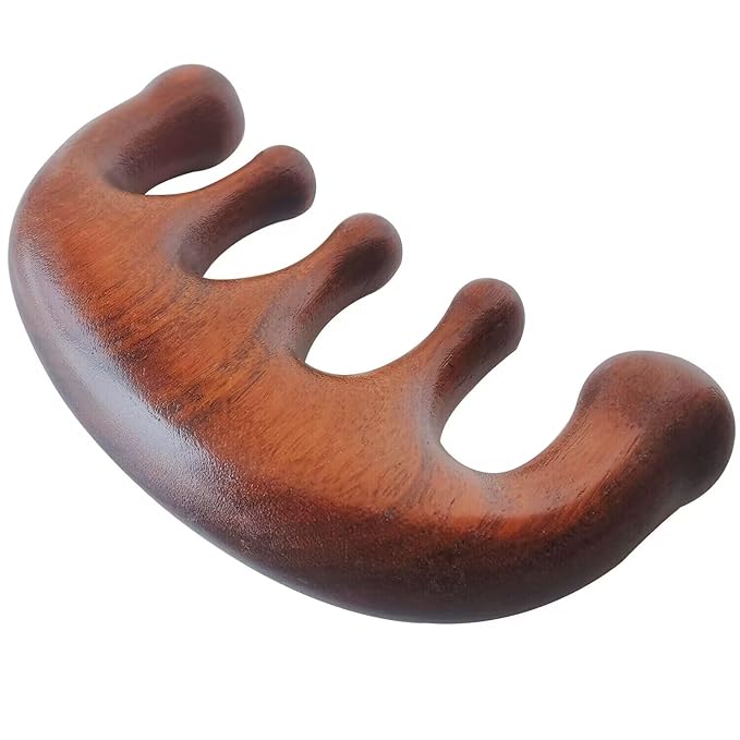 Wooden Massage Comb 100% Natural Handmade Pure Wood Five-Tooth Meridians Comb Scalp Massager Comb No Static Wide Tooth Comb for Head Scalp Comb Meridians Scraping Massage Tool (Plain Style)