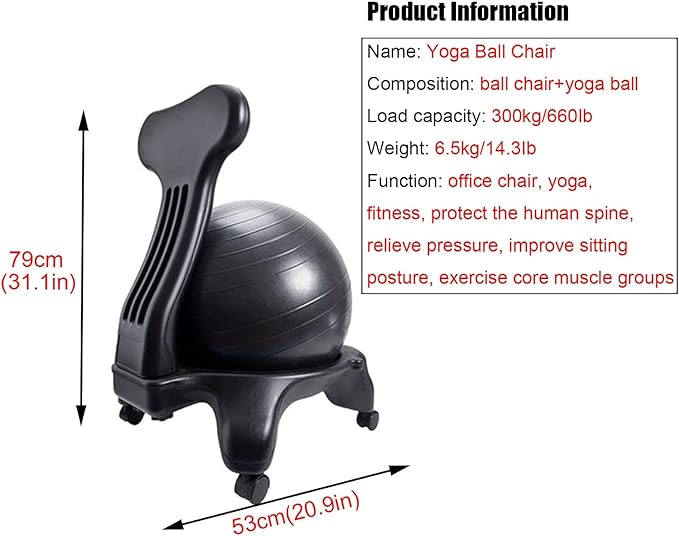 Blue Yoga Ball Chair, Ergonomic Comfort/Stability Balance Ball Chair for Home Office, Exercise Ball Chair with Wheels ＆ Back Support