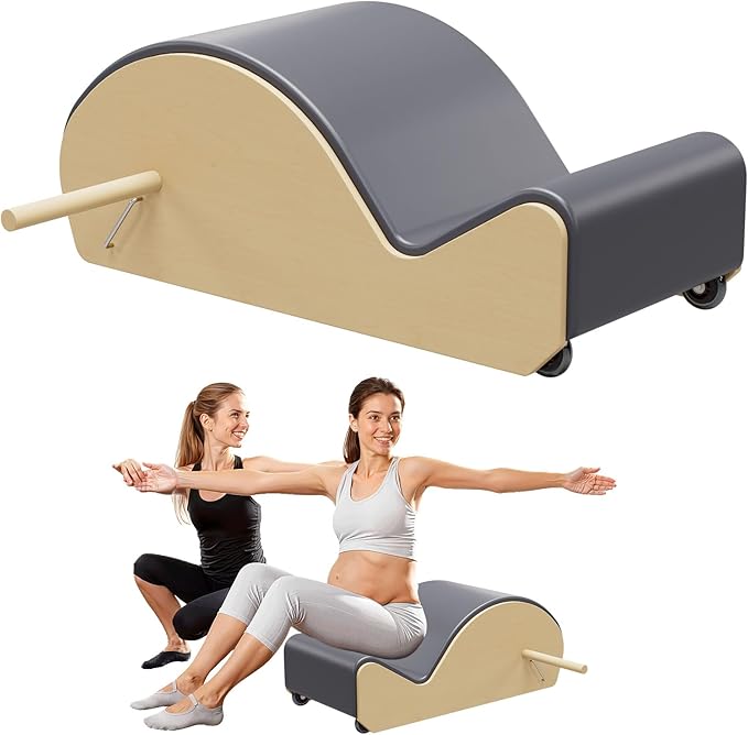 Wooden Gray Pilates Arc with Spine Corrector for Core Strengthening Back Pain Relief, Pilates Spinal Corrector Arch Barrel for Back Flexibility，at Home Reformer Pilates Posture
