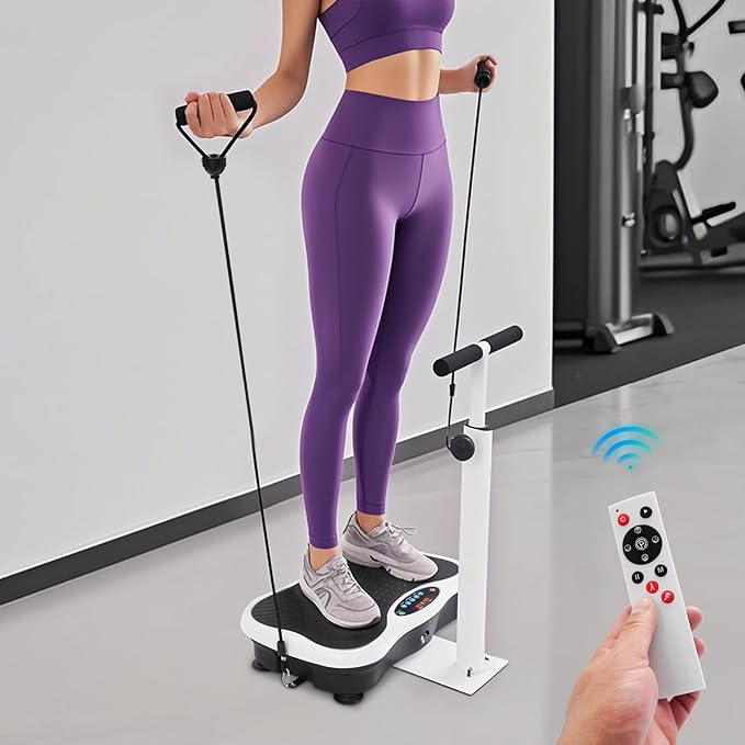 Vibration Plate Exercise Machine with Adjustable Handlebars – Full-Body Workout Vibration Plate Equipment – 120 Speed Levels, Resistance Bands & Remote