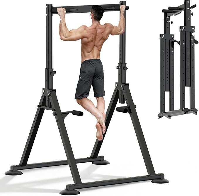 Foldable Power Tower Dip Station Pull Up Bar, Multifunction Triangular Structure Pull Up Station Home Gym Strength Training Workout Equipment
