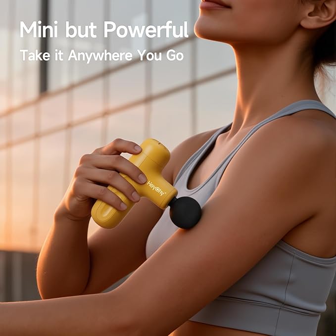 Super Mini Massage Gun Deep Tissue, Handheld Muscle Massager with 4 Heads, Percussion Travel Size Massager Gun for Men & Women Back Pain Relief, Quiet for Home, Gym, Office, Yellow
