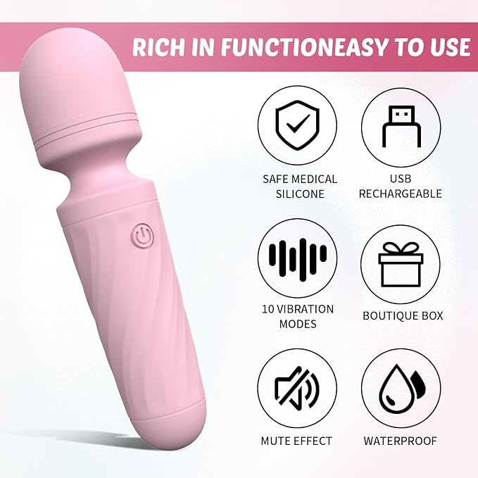 Handheld Personal Mini Massager Tool– Waterproof, USB Rechargeable, 10 Vibration - Perfect on Back Legs Hand Pains and Sports Recovery(Light Pink)