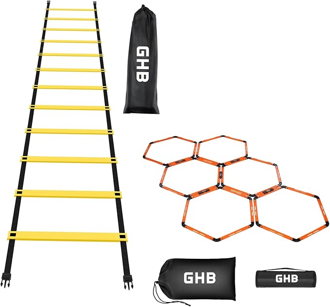 GHB Agility Ladder 1 Pack and Hex Agility Rings 1 Pack 12 Rung 20ft with 3 Carrying Bag