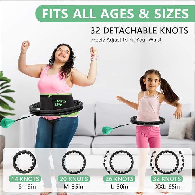 U2 Black-32 Knots 19”- 65”, Detachable & Size Adjustable Weighted Hula Hoop for Kids Adults Weight Loss, Infinity Hoop Plus Size, Abdominal Toner,5 Color Balls, Free Waist Trimmer&Wash Bag