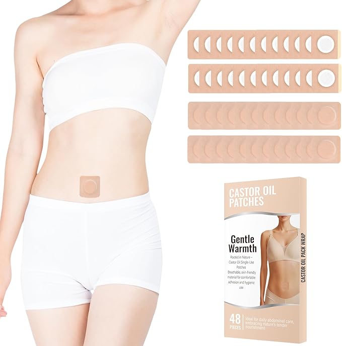 48Pcs Castor Oil Patches, Organic Cotton Castor Oil Pack Wrap Breathable, Self-Adhesive Pads for Belly Button Patch Portable, Anti Leakage No Wash