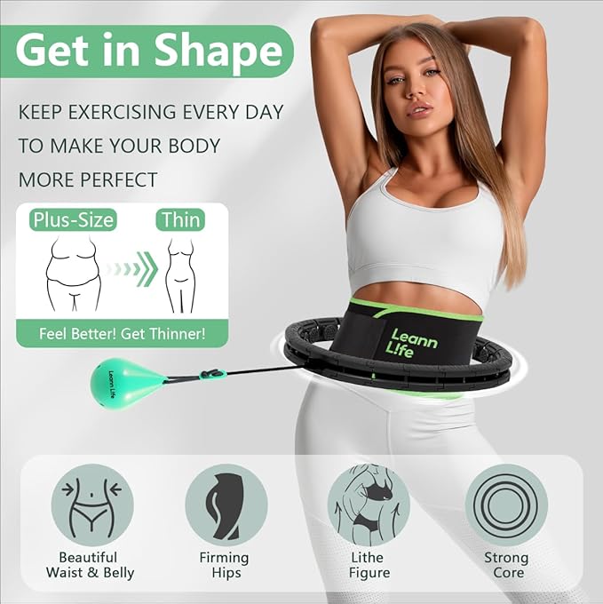 U2 Black-32 Knots 19”- 65”, Detachable & Size Adjustable Weighted Hula Hoop for Kids Adults Weight Loss, Infinity Hoop Plus Size, Abdominal Toner,5 Color Balls, Free Waist Trimmer&Wash Bag
