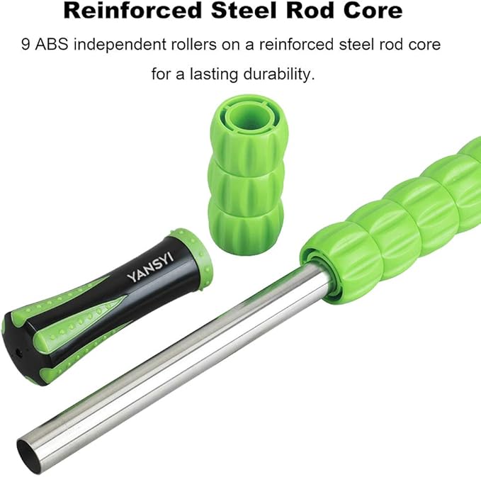 YANSYI 9-Roller Massage Stick - Deep Tissue Muscle Roller for Athletes, Relieves Post-Workout Soreness & Leg Back Pain, Portable Physical Therapy Tool (Green)