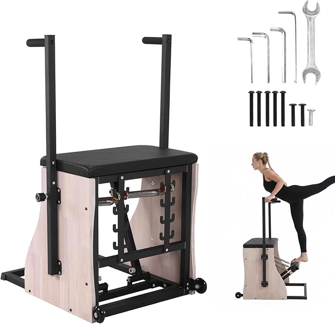 Generic Oak Wood Pilates Chair Pilates Combo Chair with Resistance Bands and Adjustable Springs Handles for Home Use Gym Workout Rehabilitation