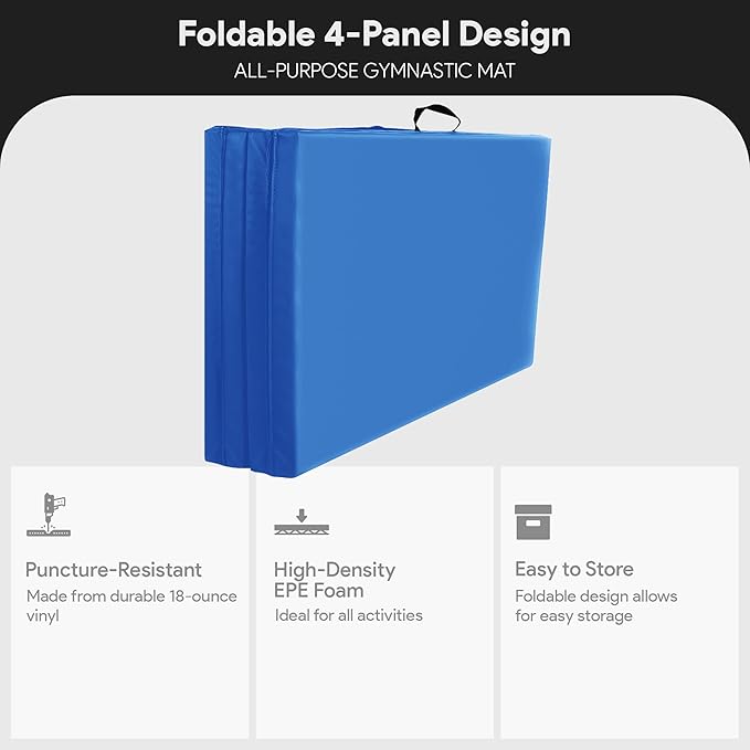BalanceFrom 10x4 Feet 4-Panel Folding Gymnastics Mat – 2-Inch Thick Pad with Vinyl Surface and Carrying Handles for Tumbling, Yoga, Pilates, Home Workouts, and Martial Arts