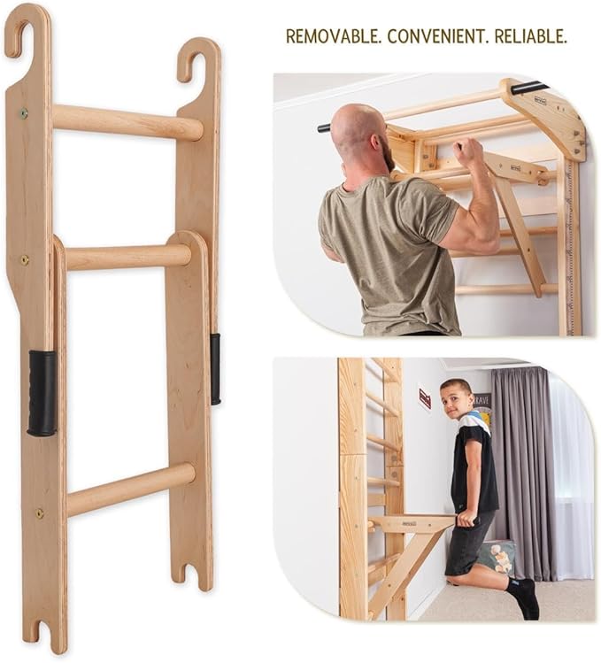 Swedish Ladder Wall Bars with Pull-Up Bar & Dip Station – Wooden Stall Bars, Multifunctional Home Gym Wall Ladder for Strength Training & Stretching