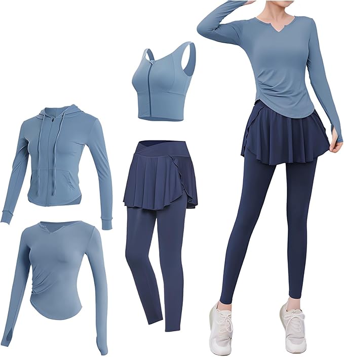 Four Piece Yoga Wear Set, Pilates Workout Outfit For Women, Size Xxl, 135-150 Fit, Polyester-Spandex Breathable Material Includes Jacket, Sports Bra, And Long Sleeve Top