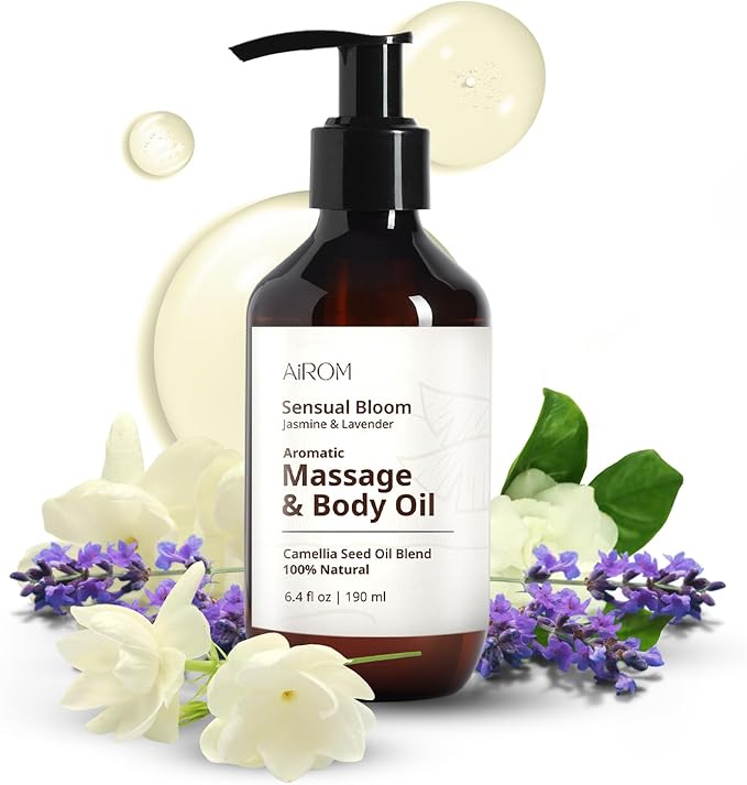 AiROM Jasmine & Lavender Massage Oil for Massage Therapy - Sensual Bloom - Scented Body Oil for Women – Hypoallergenic, Relaxing Aromatherapy, Non-Greasy, Spa Quality - Gift for Her - 6.4 fl oz