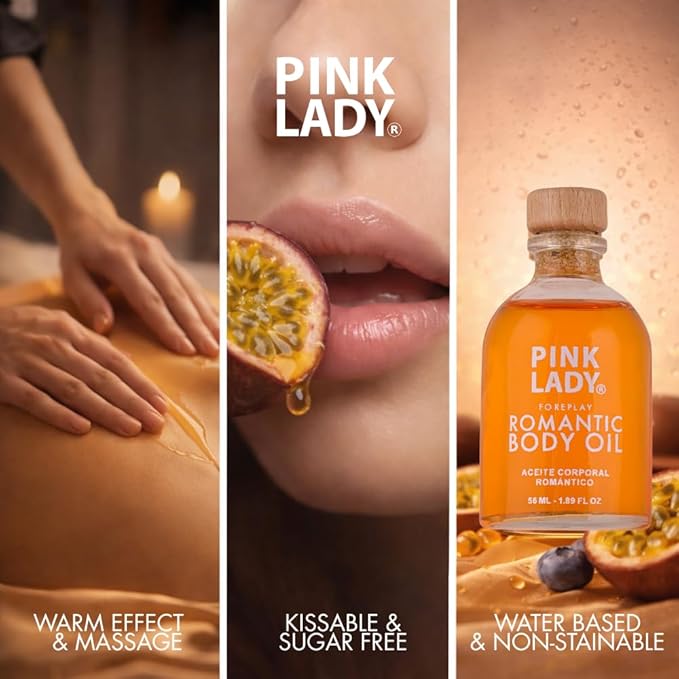 PINK LADY Romantic Body Oil Strawberry and Champagne - 1.90 fl oz / 56 ml - Kissable Warming Body Treat for Foreplay Fun, Water Based (Passion Fruit)