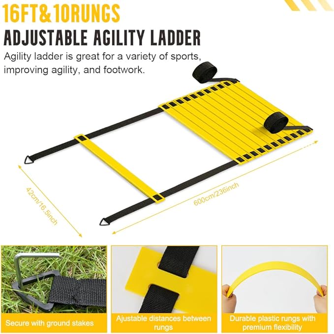 Agility Training Set: 3 Adjustable Speed Hurdles, 6 Agility Poles, 1 Agility Ladder, 12 Soccer Cones & Jump Rope, Multi-Function Soccer Training Equipment for Athletes, Amateurs, Youth