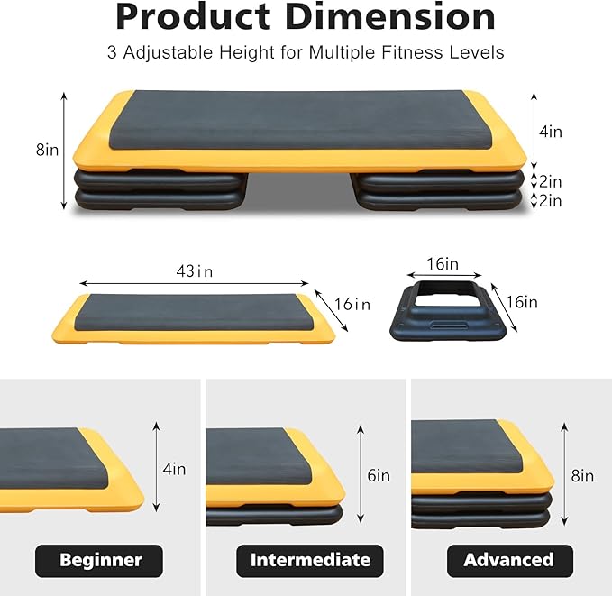 43''Inch Adjustable Aerobic Exercise Step Platform with 4 Stackable Risers - Home Gym Fitness Stepper for Cardio, Strength Training