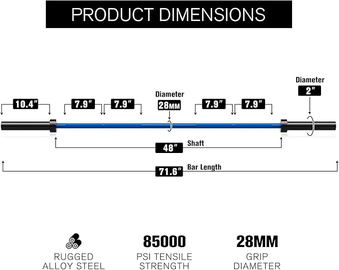 RITFIT Olympic Barbell 4ft/6ft - 2 Inch Weight Bar for Strength Training, Weightlifting, Squat, Deadlift, Bench Press, Curl, Overhead Press - 350lbs/500lbs Capacity