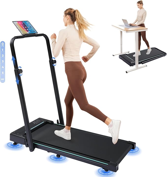 GORISE Walking Pad Treadmill with Adjustable Height Handle Bar and Incline, 3HP Quiet Foldable Under Desk Treadmill, Portable Treadmills for Home 350LBS with Remote Control LED Display