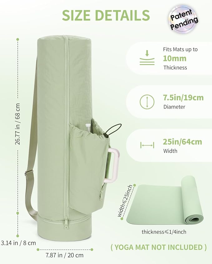 sportsnew Puffy Yoga Mat Bag Yoga Gym Bags for Women Men, Full-Zip Pilates Bag with Wet Pocket & Side Zip Drawstring Pocket Fits Tumblers with Handle, Yoga Mat Storage for Carrier Quick Access