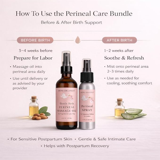 Organic Perineal Massage Oil Spray by Irene Organics for Pregnancy and Postpartum - Prevention for Perineum Tearing, All Natural, Third Trimester Pregnancy Must Haves for Childbirth (Perineal Bundle)