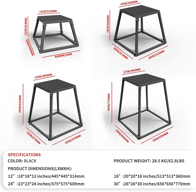 PeakPursuit Plyometric Jump Box - Heavy-Duty Steel Plyo Box with Anti-Slip Rubber Pads, Set of 12, 18", 24", 30" Box Jump Platforms for Strength & Conditioning Training, Home Gym