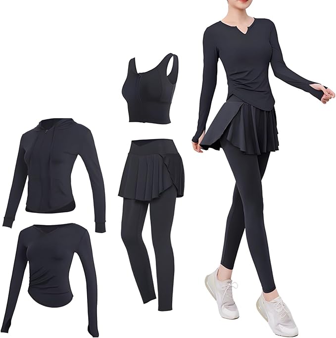 Pilates Set For Women, Yoga Outfit Four-Piece Set Xxl (Fits 135-150 Lb), Breathable Fabric, Jacket, Sports Bra, Top, And Pants Included