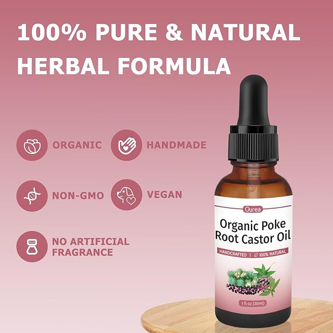 Poke Root Castor Oil Organic - 1 Fl Oz - Lymphatic Support Massage Liquid, Supports Boils, Fibroids, Cysts, Swollen Lymph Nodes, Breast & Joint Health, Natural Deep Tissue Relief Drops