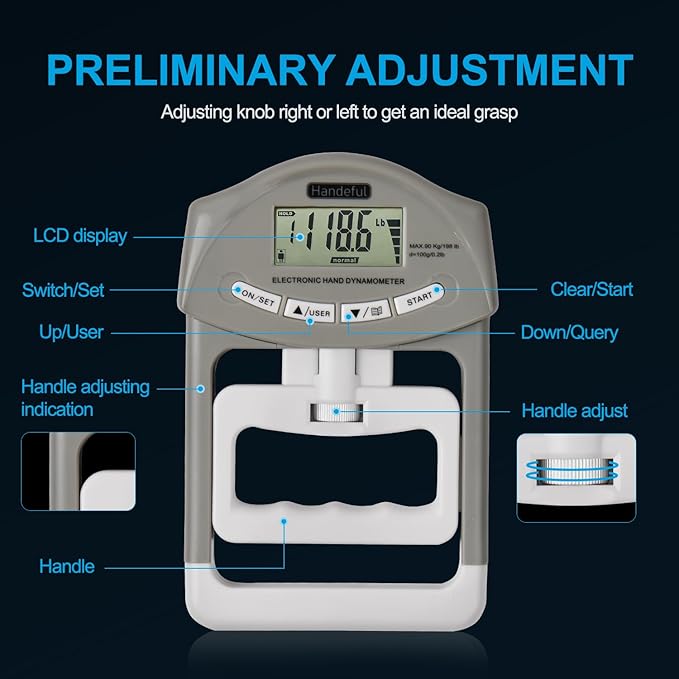Handeful Grip Strength Tester Trainer - Dynamometer Handgrip Measurer Meter, Handheld Strengthener Exerciser for Sports, School, and Home Use