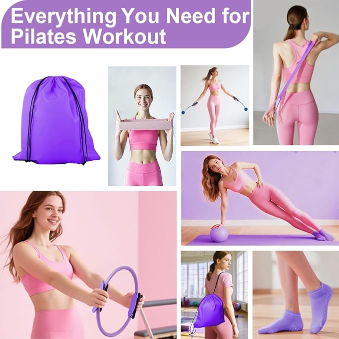 Pilates Essentials Kit for Women, Home Pilates Kit with 12.9" Ring and 9.8" Mini Ball, 4 Fabric Loop Bands, Figure-8 Band, Stretch Strap, Jump Rope, Carry Bag