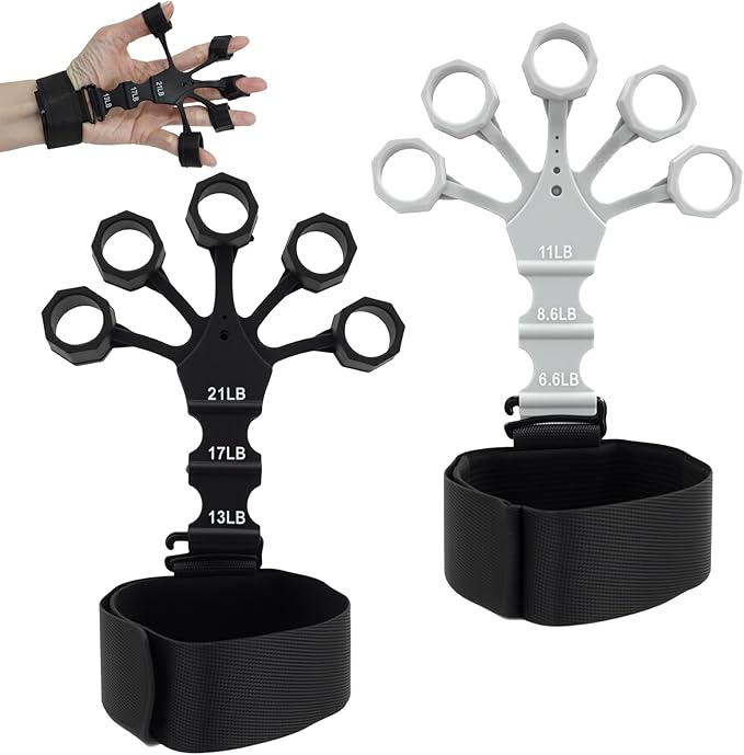 2PCS Grip Strength Trainer, Finger Exerciser, Double Sided Grip Strength Trainer for Rock Climbing and Hand Therapy, Adjustable Finger Extension Exerciser Builds Hand Strength for Relieve Pain(Black+Grey)