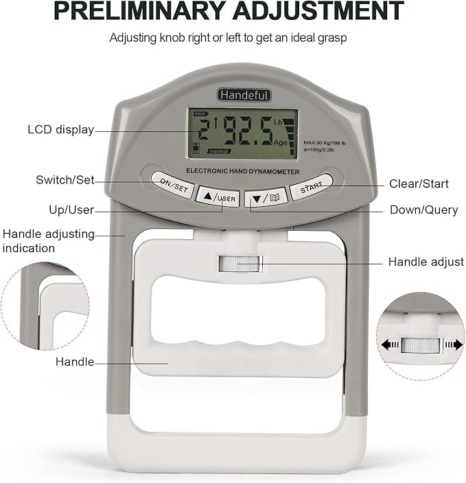 Handeful Grip Strength Tester Trainer - Dynamometer Handgrip Measurer Meter, Handheld Strengthener Exerciser for Sports, School, and Home Use