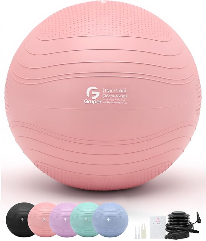 Gruper Yoga Ball, Extra Thick Exercise Ball for Workout Pregnancy Stability - 4 Sizes Anti Burst Balance Ball for Yoga, Pilates, Fitness, Birthing, Physical Therapy - Includes Pump